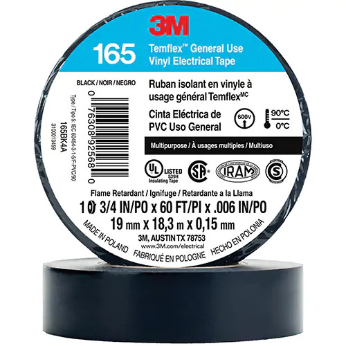 3M 3M-T165BK4A Temflex General Use Vinyl Electrical Tape 165 singles (Black)