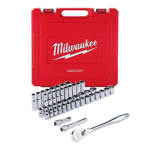 Milwaukee MIL-48-22-9010 47pc 1/2in Drive Metric & SAE Ratchet and Socket Set with FOUR FLAT Sides