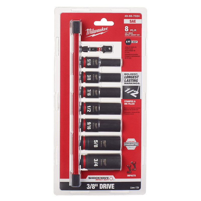 Milwaukee MIL-49-66-7024 SHOCKWAVE Impact Duty 3/8in Drive SAE Deep 6 Point Socket Set 8-Pieces