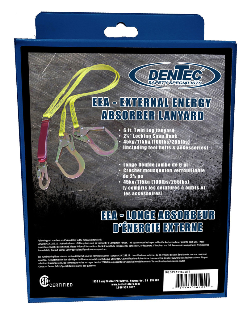 Dentec DEN-16LSPL121602RT 6ft Twin EEA (External Energy Absorber) Lanyard With 2-1/4 Hooks