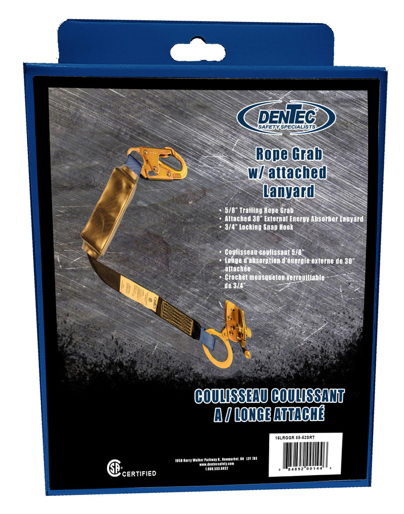 Dentec DEN-16LRGGR 85-52SRT 5/8in Rope Grab With 2in Shock Pack Lanyard 3/4in Hook