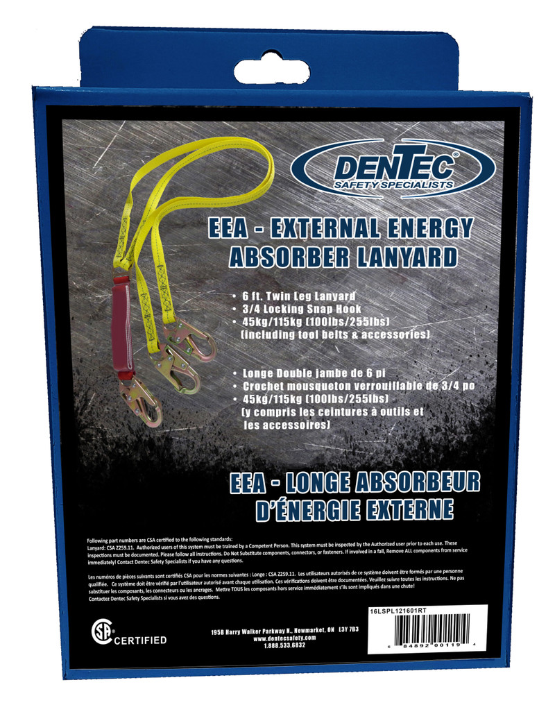 Dentec DEN-16LSPL121601RT 6ft Twin EEA (External Energy Absorber) Lanyard With 3/4 Hooks