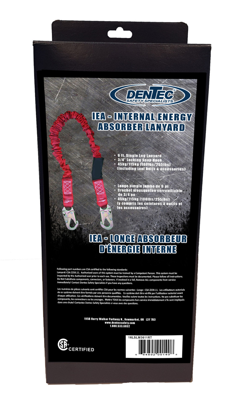 Dentec DEN-16LSLM3611RT 6ft Internal Energy Absorber Lanyard With 3/4in Hooks