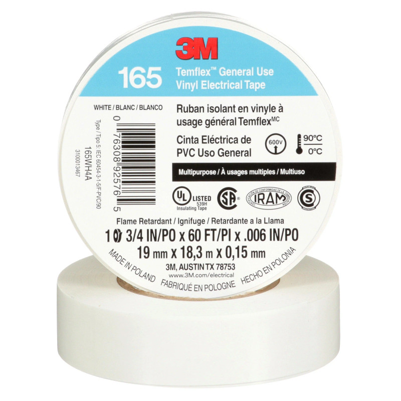 3M 3M-T165WH4A Temflex General Use Vinyl Electrical Tape 165 singles (White)