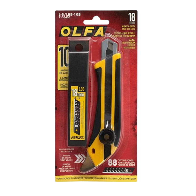 Olfa OLFA-L-5/LBB-10B 18mm Ratchet-Lock Fibreglass-Reinforced Utility Knife with Black Snap-Off Blades 10-Pack Combo
