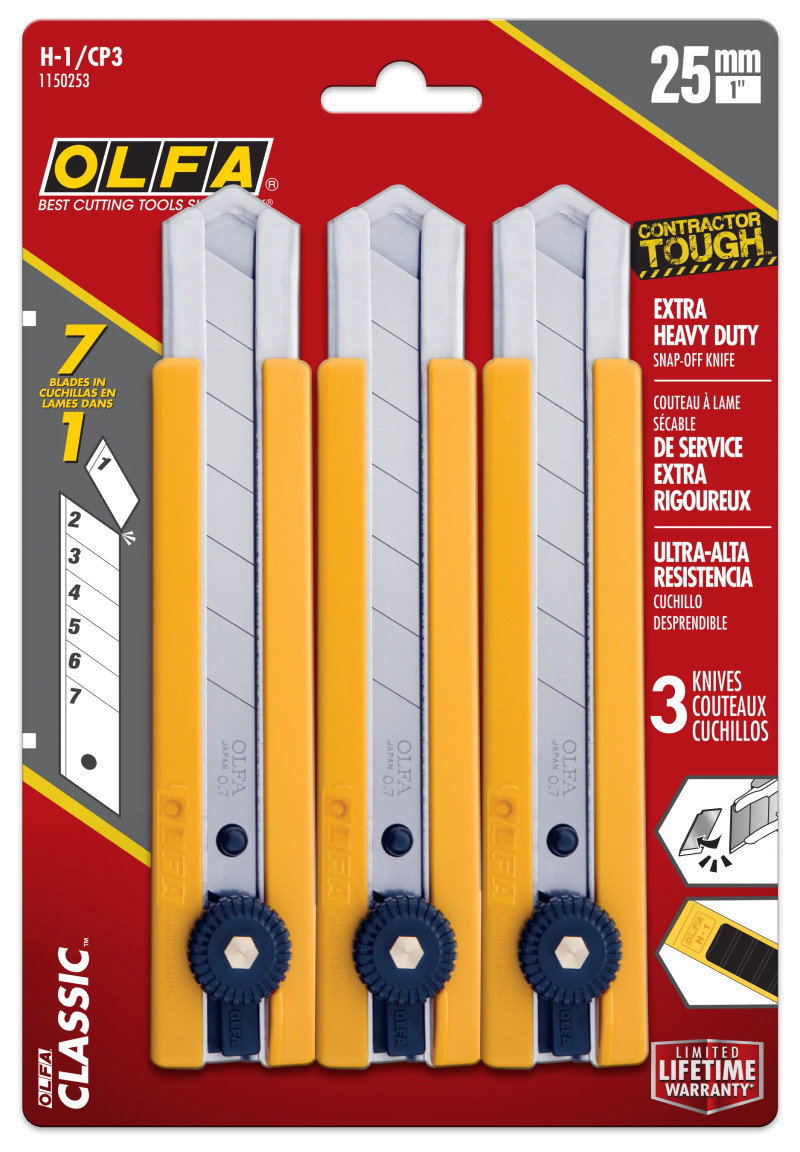 Olfa Blades OLFA-H-1/CP3 Classic Extra Heavy-Duty Ratchet-Lock Utility Knife with Anti-Slip Grip, 3-Pack