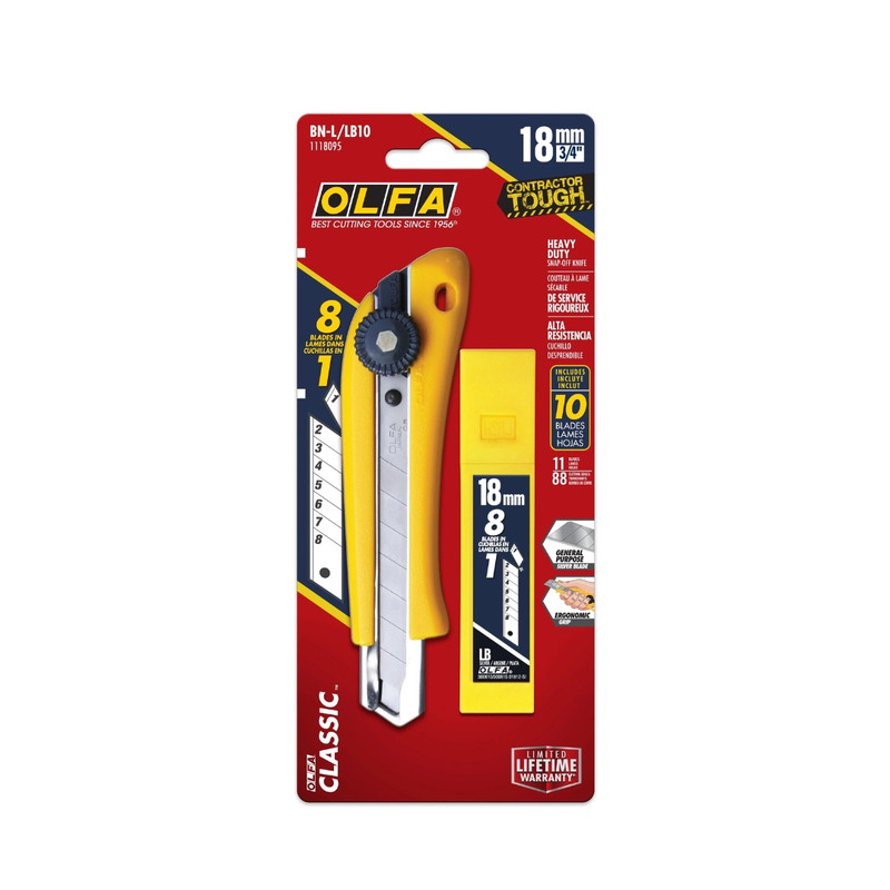 Olfa Blades OLFA-BN-L/LB10 18mm BN-L Ratchet Lock Utility Knife With a 10-Pack of Silver Snap Blades