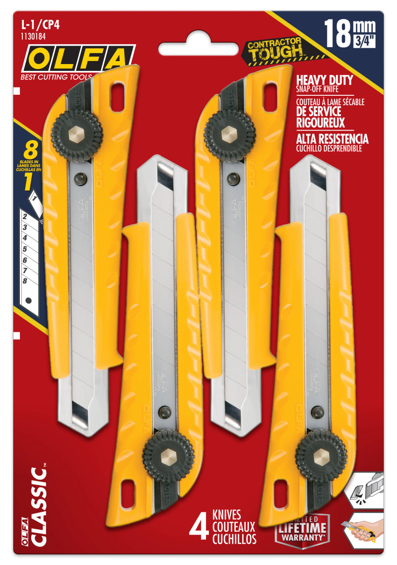Olfa Blades OLFA-L-1/CP4 Classic Heavy Duty Ratchet-Lock Utility Knife, 4-Pack