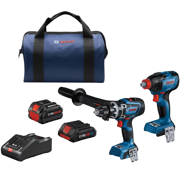 Bosch BOS-GXL18V-260B26 18V 2-Tool Combo Kit With 1/2in Hammer Drill/Driver Two-In-One 1/4in and 1/2in Bit/Socket Impact Driver/Wrench