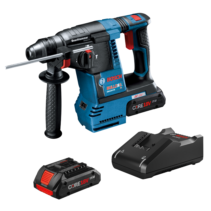 Bosch BOS-GBH18V-26K25 18V Brushless SDS-plus Bulldog 1in Rotary Hammer Kit With 2 Core 18V 4.0 Ah Compact Batteries