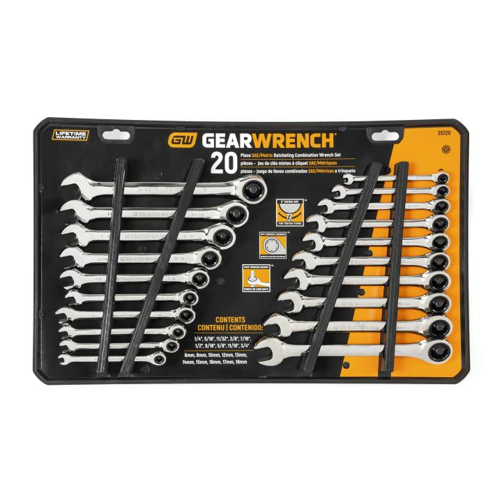 GEARWRENCH GW-35720-06 72 Tooth SAE/Metric Ratcheting Combination Wrench Set 20-Pieces