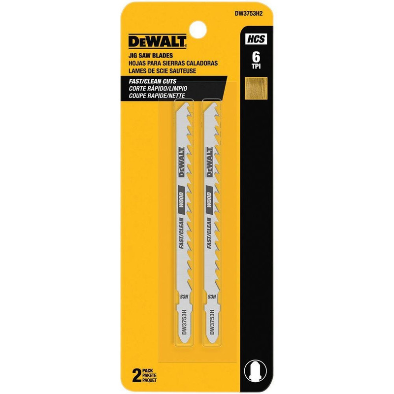 DEWALT DEW-DW3753H2 6 TPI 4in Fast Clean Cut Wood HCS T-Shank Jig Saw Blades 2 Pieces