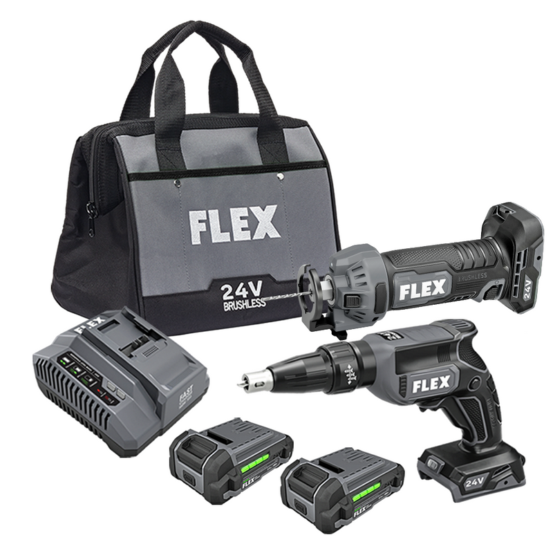 FLEX FL-FXM203-2AA 24V Brushless Drywall Screw Gun & Cutout Tool 2-Tool Combo 2x 2.5Ah Kit