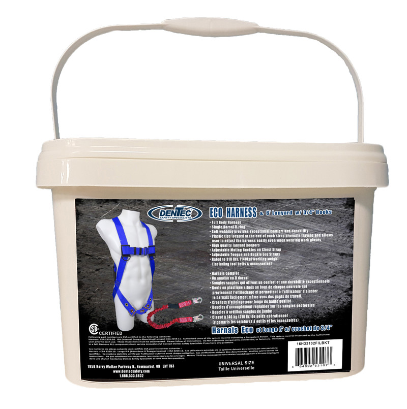 Dentec DEN-16H33102FILBKT Eco Harness / TB /1D / Universal Size In Pail with 6ft Lanyard, 3/4in Hooks