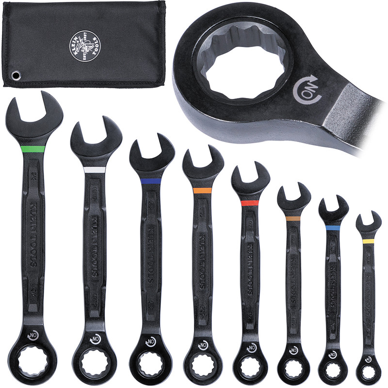 Klein Tools KLE-69408G SAE 90-Tooth Ratcheting Combo Wrench 8 Piece Set