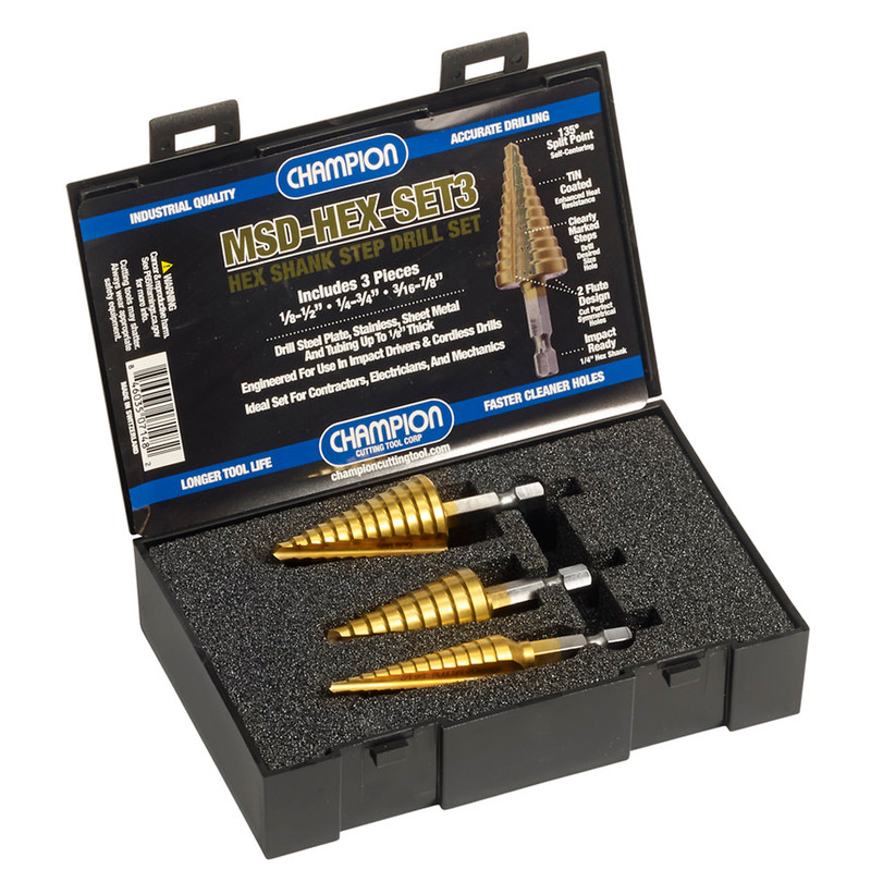 Champion CHAMP-MSD-HEX-SET3 Hex Shank Tin Multi Step Drill Bit 3 Piece Set