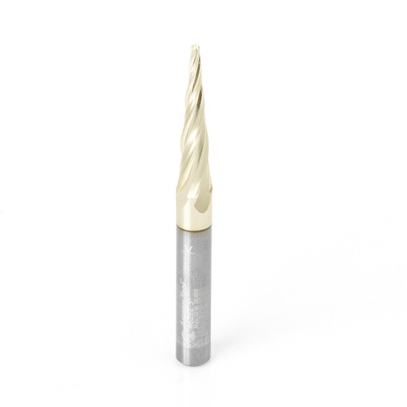 Amana AMA-46282 CNC 1/16in Dia 4 Flute 2D and 3D Carving 5.4 Degree Tapered Angle Ball Tip Solid Carbide Up-Cut Spiral ZrN Coated Router Bit