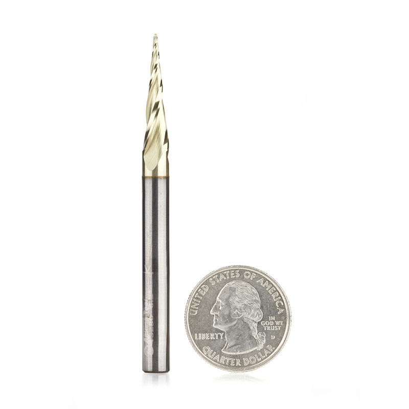 Amana AMA-46280 CNC 1/32in Dia 3 Flute 2D And 3D Carving 6.2 Degree Tapered Angle Ball Tip Solid Carbide Up-Cut Spiral ZrN Coated Router Bit