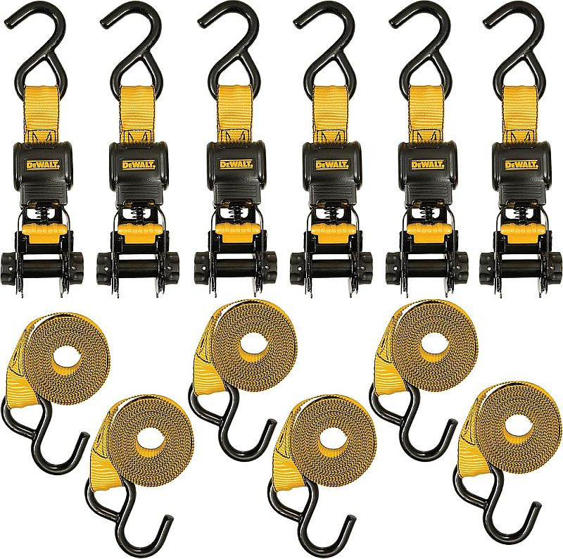 DEWALT DEW-DXBC15006X 1in x 10ft Ratchet Tie Down Strap 500lb Safe Working Load 1500lb Break Strength Black Yellow 6 Pieces