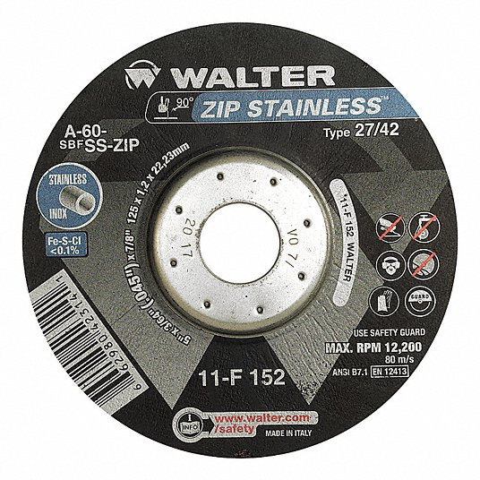 Walter WAL-11F152-1PC ZIP STAINLESS Cut-Off Wheel, 5in x 3/64in x 7/8in, Type 27