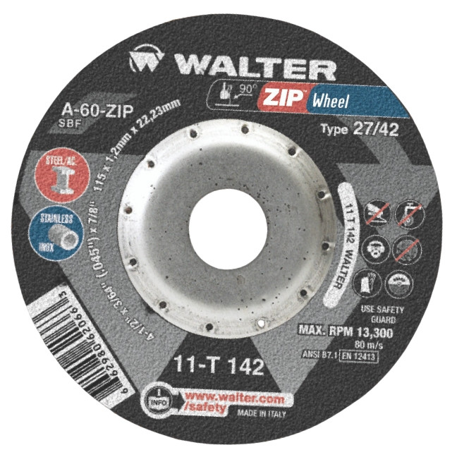 Walter Surface Technologies WAL-11T142-1PC ZIP CUT Cut-Off Wheel 4-1/2in x 3/64in x 7/8in Type 27