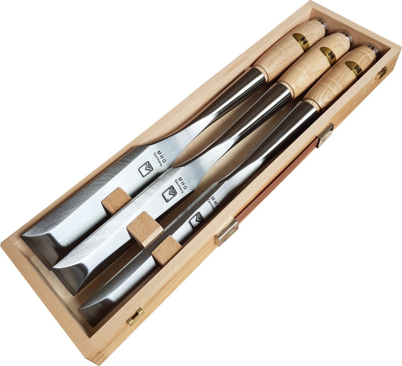 MHG MHG-TI13103.03 Set of 3 Timber Tool Chisels in Wooden Box (1in, 1½in, 2in Wide)