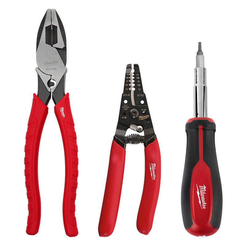 Milwaukee MIL-48-22-3097 Electrician's Screwdriver, Lineman's Plier & Wire Stripper 3-Piece Hand Tool Kit