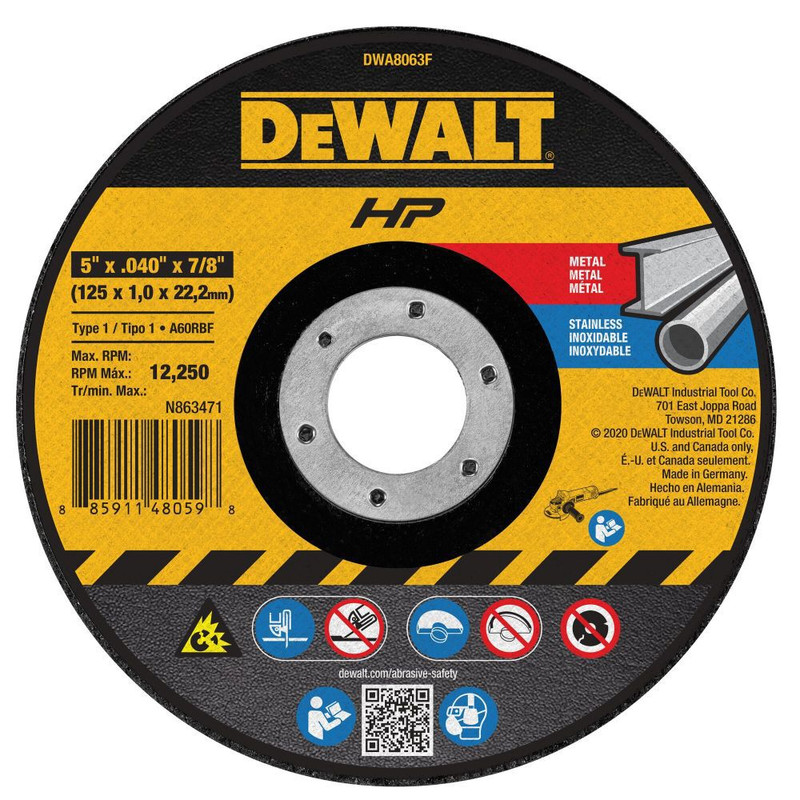 DEWALT DEW-DWA8063F 5in X .040in X 7/8in T1 HP Cut-Off Wheel, 25-Pack