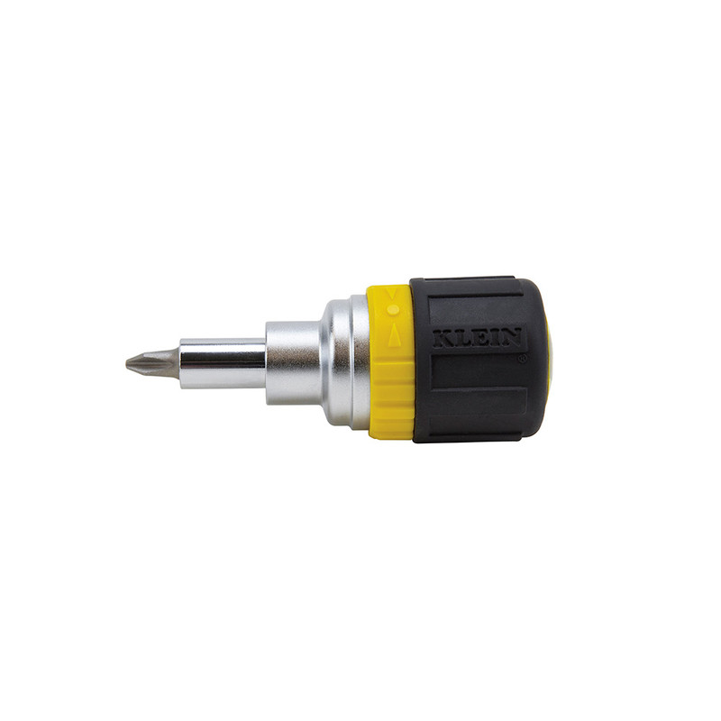 Klein Tools KLE-32593 Multi-Bit Ratcheting Screwdriver, 6-in-1, Stubby, Ph, Sl, Nut Bits