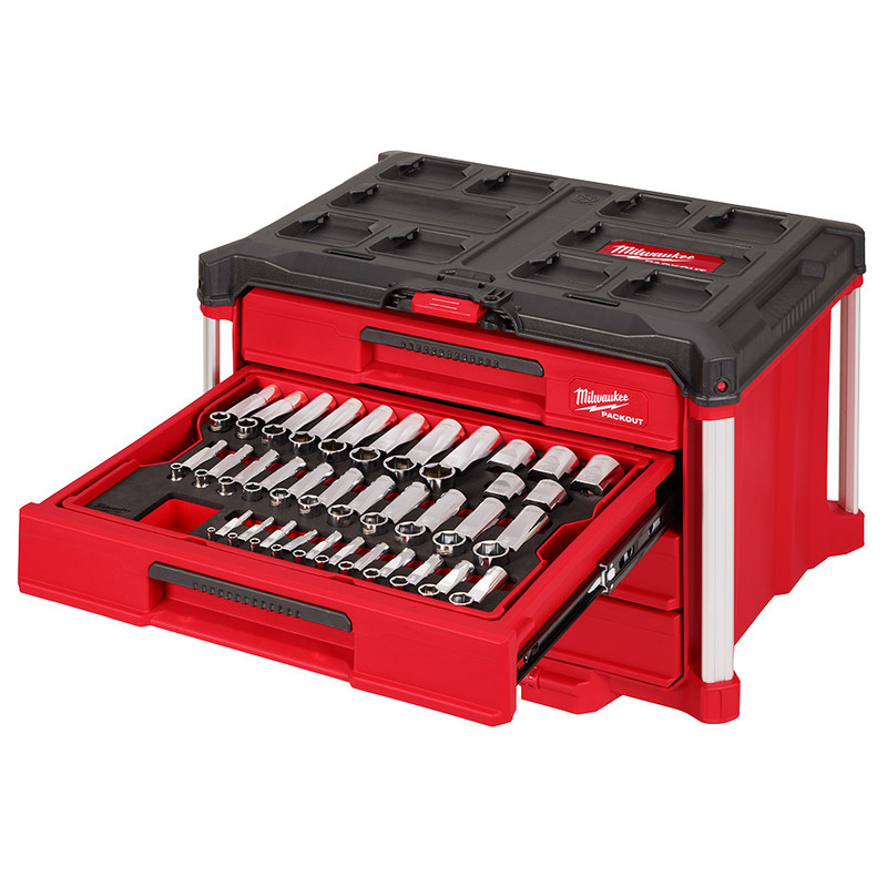Milwaukee MIL-48-22-9491 242-Piece 1/4in, 3/8in, & 1/2in Drive Metric & SAE Ratchet & Socket Set with PACKOUT 4-Drawer Tool Box