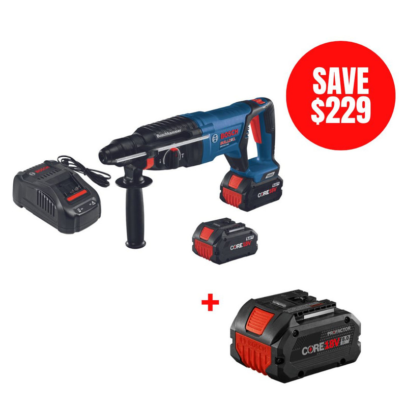 Bosch BOS-GBH18V-26DK24-GBA18V80 18V EC Brushless SDS-plus Bulldog 1in Rotary Hammer 2x 8.0Ah Kit