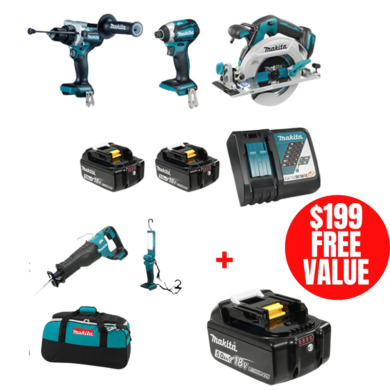 Makita MAK-DLX5083TX1-196675-2 18V LXT 5-Tool 2x 5.0Ah Combo Kit with BONUS 5.0Ah Battery