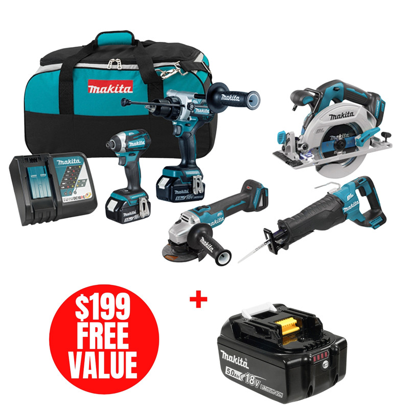 Makita MAK-DLX5077TX1-196675-2 18V LXT 5-Tool 2x 5.0Ah Combo Kit with BONUS 5.0Ah Battery