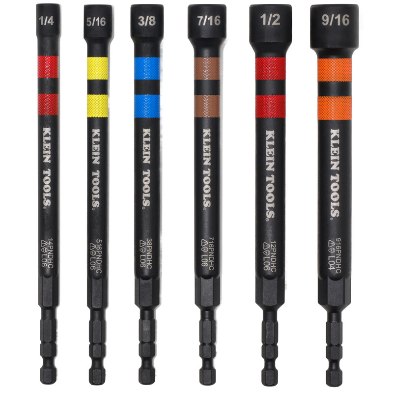 Klein Tools KLE-32940 Magnetic Hollow Color-Coded Power Nut Drivers Set, 6-Piece