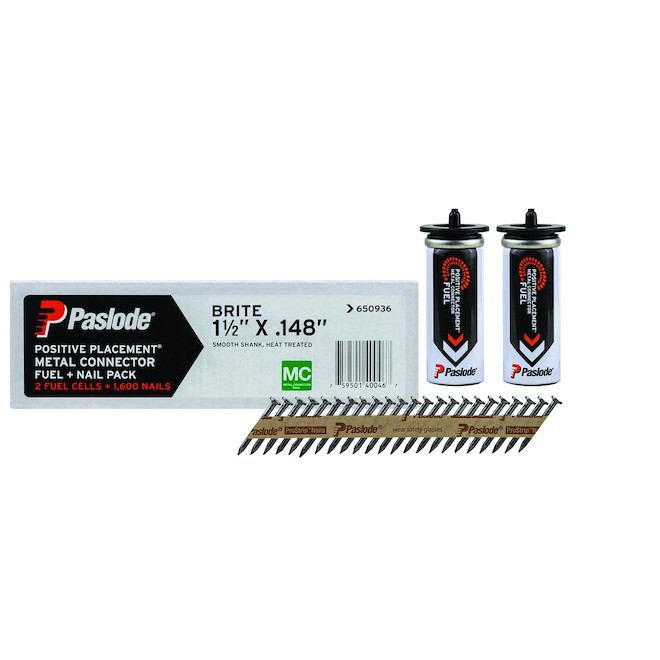Paslode PAS-650936C 1-1/2in x 0.148in Positive Placement Brite Metal Connector Fuel & Nail Pack, 1600 Nails + 2 Fuel Cells