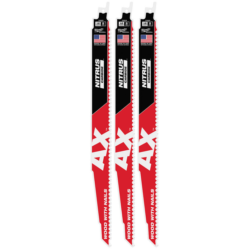 Milwaukee MIL-48-00-7353 12n 5 TPI AX w/NITRUS Carbide Teeth SAWZALL Blade for Wood with Nails 3pk