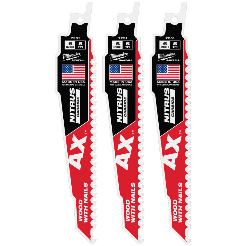 Milwaukee MIL-48-00-7351 6in 5 TPI AX w/NITRUS Carbide Teeth SAWZALL Blade for Wood with Nails 3PK