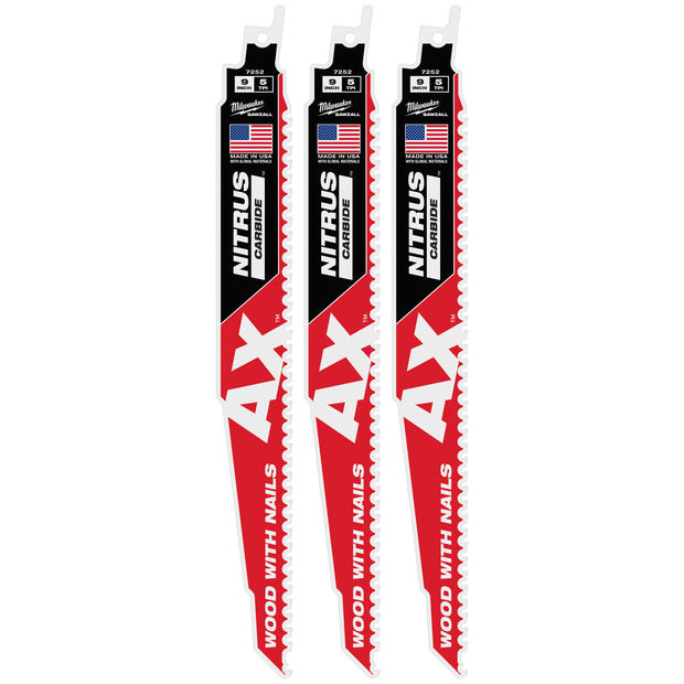 Milwaukee MIL-48-00-7352 9in 5 TPI AX w/NITRUS Carbide Teeth SAWZALL Blade for Wood with Nails 3-Pack