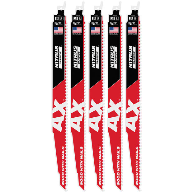 Milwaukee MIL-48-00-7553 12in 5TPI AX w/NITRUS Carbide Teeth SAWZALL Blade for Wood with Nails 5pk