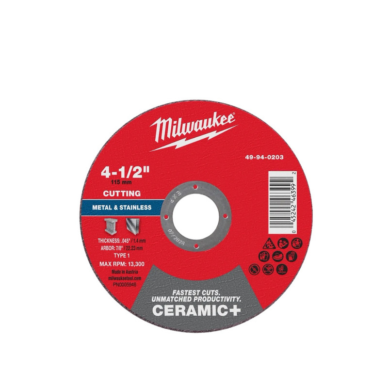 Milwaukee MIL-49-94-0203 Ceramic Plus Metal Cut-Off Wheel 4-1/2in x 0.045in x 7/8in Type 1, 25-Pack