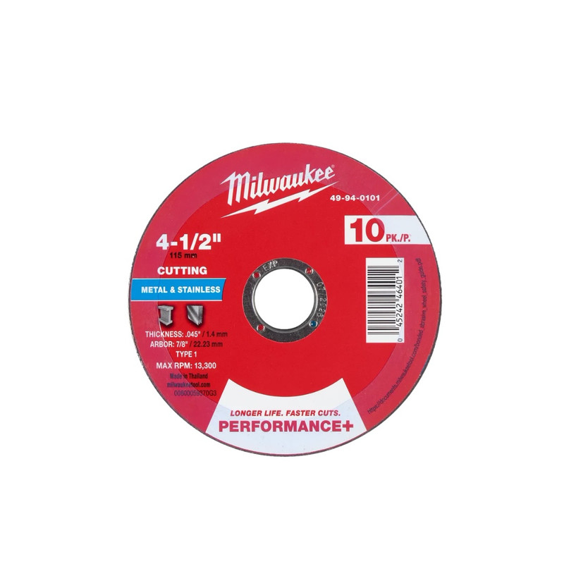 Milwaukee MIL-49-94-0101 4-1/2in x 0.045in x 7/8in Performance Plus Metal Cut Off Wheel Type 1 10-Pack
