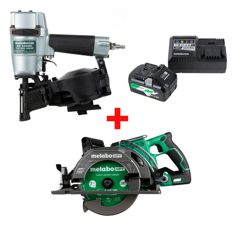 Metabo HPT HPT-NV45AB2M-C3607DWAQ4M-UC18YSL3QCYM 1-3/4in Coil Roofing Nailer + 36V MultiVolt 7-1/4in Rear Handle Circular Saw + Starter Kit