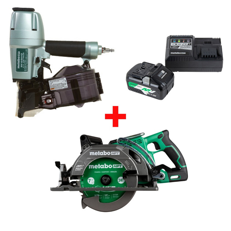 Metabo HPT HPT-NV65AH2M-C3607DWAQ4M-UC18YSL3B1 2-1/2in Coil Siding Nailer + 36V MultiVolt 7-1/4in Rear Handle Circular Saw +Starter Kit