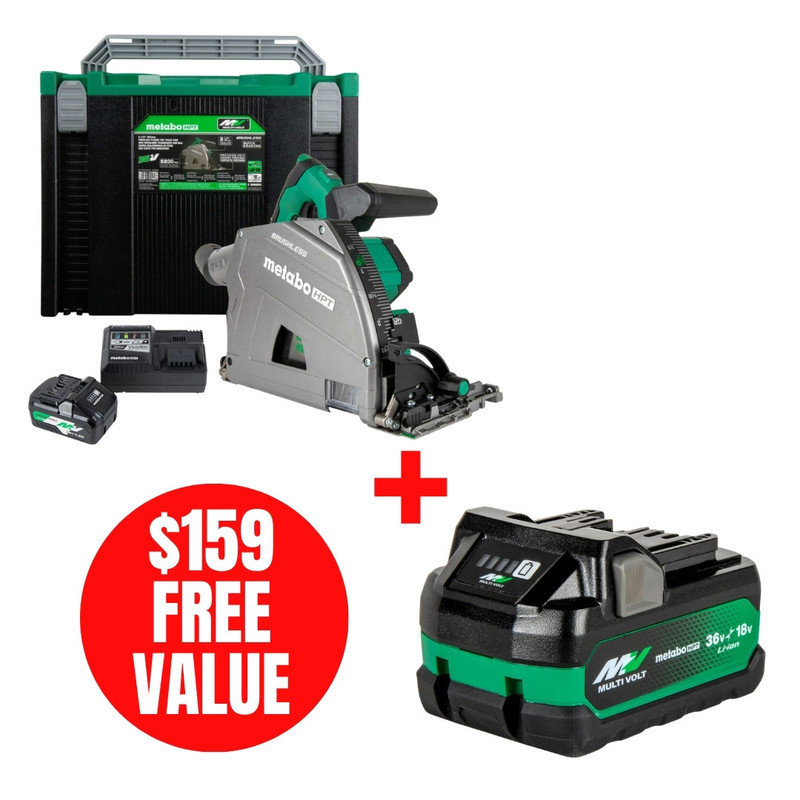 Metabo HPT HPT-C3606DPAM-382309M C3606DPAM 36V MultiVolt Brushless 6-1/2in Track Saw 4.0Ah Kit + MultiVolt 18V/36V 5.0Ah/2.5Ah Water and Impact Resistant Battery