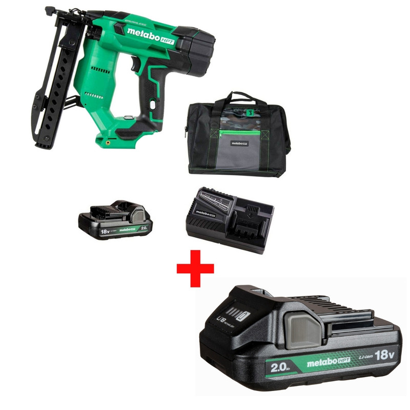 Metabo HPT HPT-N1804DAM-382311M N1804DAM 18V MultiVolt Brushless 18 Ga 1/4in Narrow Crown Stapler + 18V 2.0Ah Lithium Ion Battery with Fuel Gauge