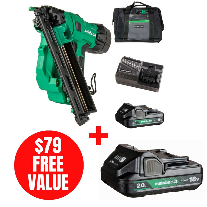 Metabo HPT HPT-NT1865DAAM-382311M NT1865DAAM 18V MultiVolt Brushless Pro 15 Ga Angled Finish Nailer + 18V 2.0Ah Lithium Ion Battery with Fuel Gauge