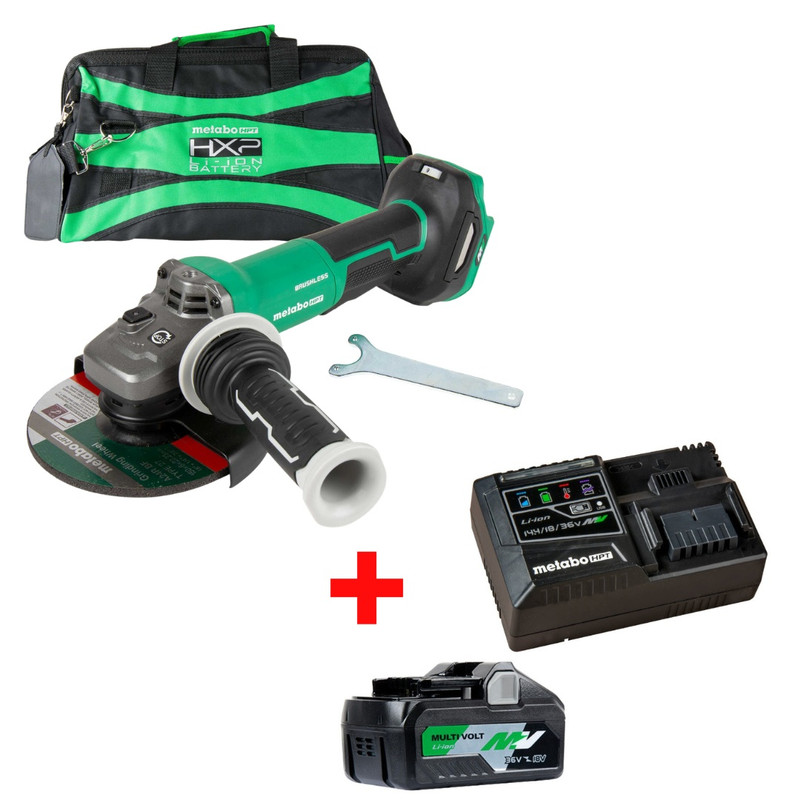 Metabo HPT HPT-G3615DVFQ6M-UC18YSL3QCYM G3615DVFQ6M 36V MultiVolt Brushless 6in Variable Speed Paddle Switch Angle Grinder + Starter Kit