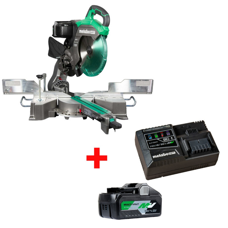 Metabo HPT HPT-C3612DRAQ4-UC18YSL3QCYM C3612DRAQ4 36V MultiVolt 12in Dual Bevel Sliding Miter Saw with Torque Boost Technology + Starter Kit