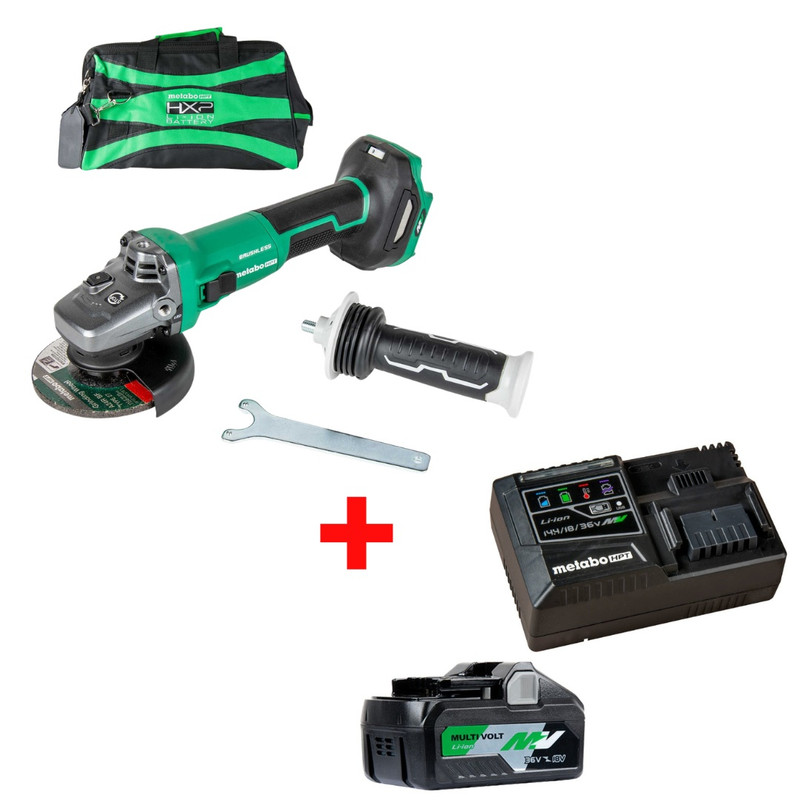 Metabo HPT HPT-G3612DVEQ6M-UC18YSL3QCYM G3612DVEQ6M 36V MultiVolt Brushless 4-1/2in Variable Speed Slide Switch Angle Grinder + Starter Kit