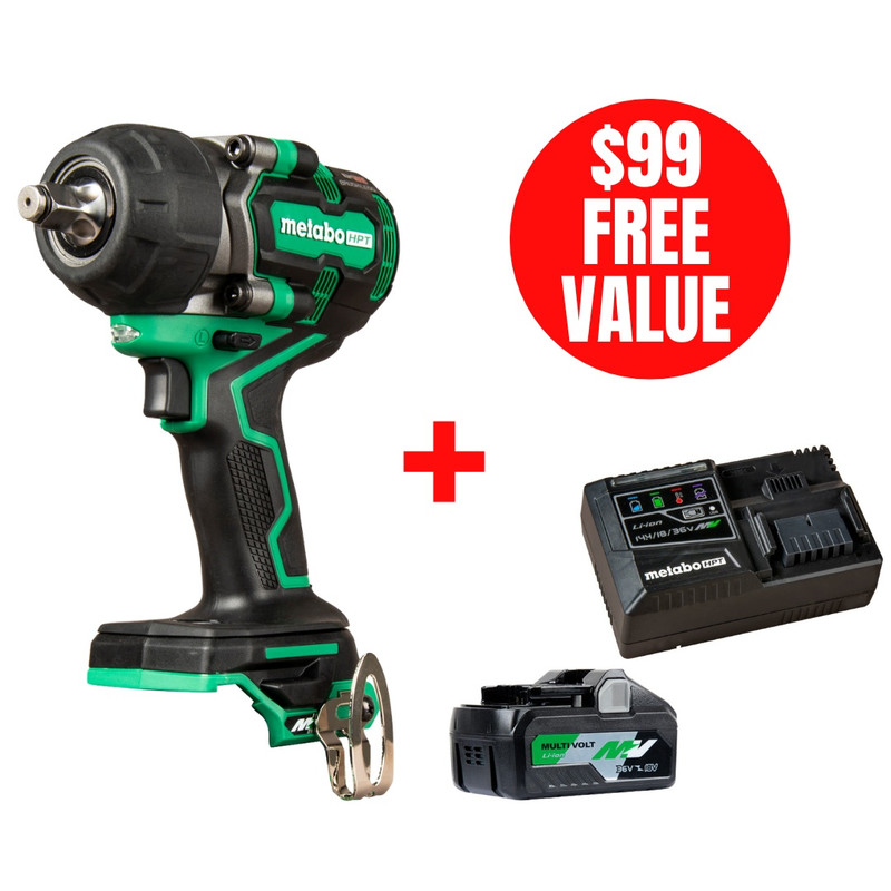 Metabo HPT HPT-WR36DEQ4M-UC18YSL3QCYM WR36DEQ4M 36V MultiVolt 1/2in Mid-Torque Impact Wrench + Starter Kit